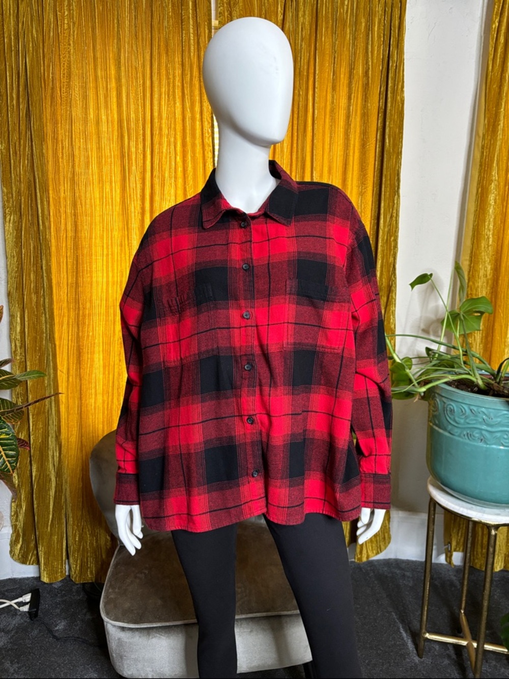 Old Navy Red and Black Plaid Boyfriend Shirt